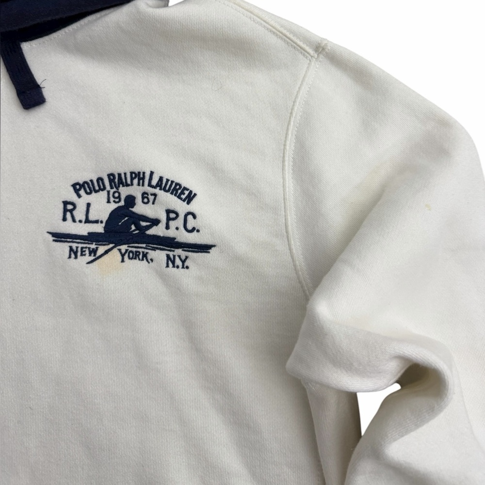 Polo Ralph Lauren Rowing Hoodie Men M White‎ Navy Vintage 90s Athletic Pullover - Picture 2 of 6